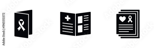 Set of black icons representing medical brochures, health awareness pamphlets, and medical records featuring ribbon and heart symbols.