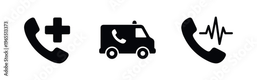 Set of black medical emergency icons featuring a phone with a cross, an ambulance, and a heartbeat pulse line, isolated on a white background.