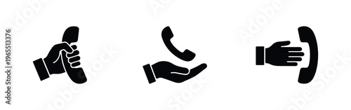 Minimalist set of hand and phone icons representing customer service, communication, and contact. Vector silhouette on white background.