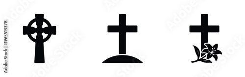 Set of three black Christian cross silhouettes including a Celtic cross, a grave marker, and a cross with a lily, isolated on white background.