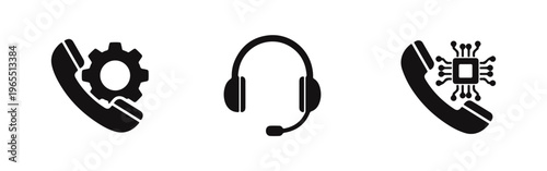 Set of three black icons representing technical phone support, a call center headset, and smart AI communication technology on a white background.
