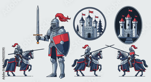 Medieval Knight and Castle Vector Illustration Set - Full Plate Armor, Shield, Sword, and Jousting Horse Icons