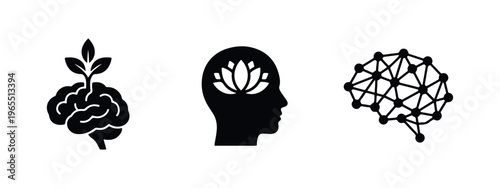 Mental health and technology icon set featuring brain growth, mindfulness meditation, and neural network artificial intelligence symbols.