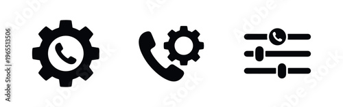 Set of three black call setting icons representing phone configuration, communication options, and technical support controls on a white background.