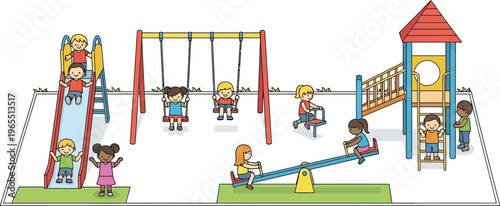 Children enjoy playing actively on various colorful playground equipment.