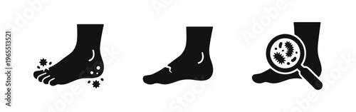 Set of black silhouette icons illustrating common foot conditions, including fungal infection, dry cracked skin, and microscopic germs.