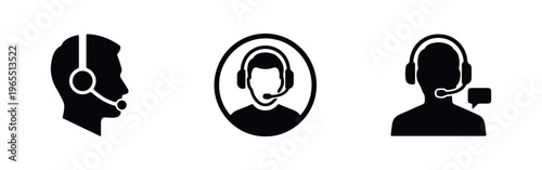 Set of call center agent icons featuring silhouettes with headsets. Perfect for customer service, technical support, and communication designs.