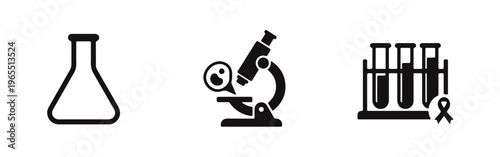 Set of laboratory icons featuring an Erlenmeyer flask, a microscope, and test tubes with an awareness ribbon, representing medical research.