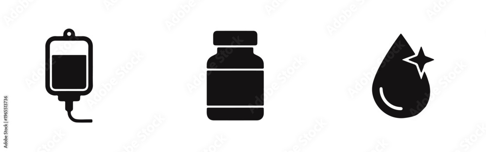 Obraz premium Set of black minimalist medical icons featuring an intravenous drip bag, a medicine bottle, and a pure liquid drop for healthcare and wellness.