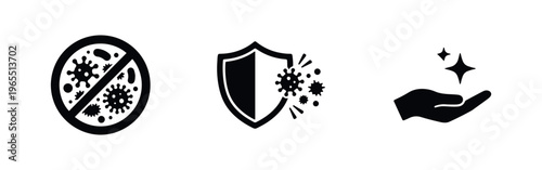 Set of black icons for hygiene and virus protection featuring a no-germs sign, a shield blocking viruses, and a clean hand with sparkles.