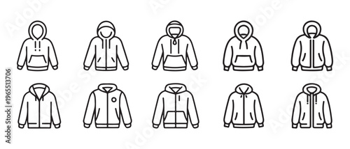 A collection of ten unique outline style hoodie jacket icons arranged in two rows for design use.