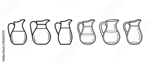 A line art collection featuring six different glass pitchers in a simple and clean black style.