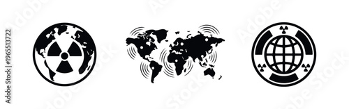Icons of global nuclear threat and radiation risk, featuring world maps with radioactive symbols and hotspots on a white background.