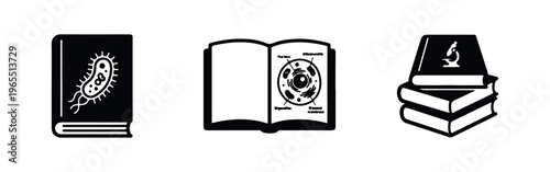 Minimalist black icons of biology textbooks featuring a microbe, cell anatomy, and a microscope. Perfect for science and education themes.