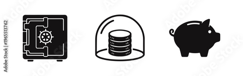 Free Download Set of three black icons representing financial security, featuring a bank vault, protected coin stack, and a piggy bank on a white background. - GFXLoad