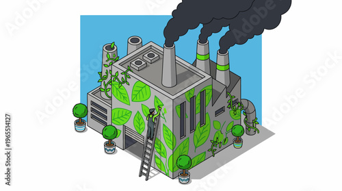Greenwashing Factory Concept Isometric Illustration 
with Black Smoke and Green Leaf Decoration