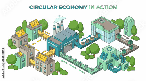 Circular Economy City Isometric Illustration 
with Factory Recycling Loop and Green Buildings