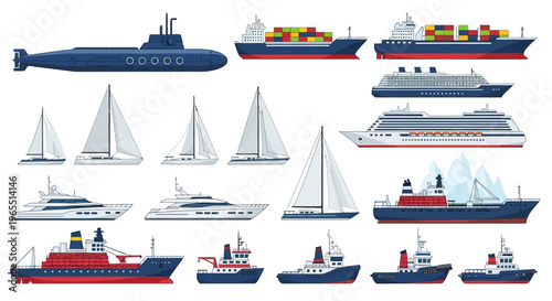 Comprehensive Collection of Maritime Vessel Icons: Cargo Ships, Cruise Liners, Sailboats, Submarine, and Tugboats Isolated on White