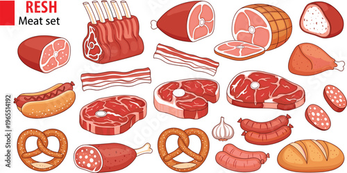 Fresh meat and sausage vector illustration set with beef steak bacon ham salami sausages and deli products collection