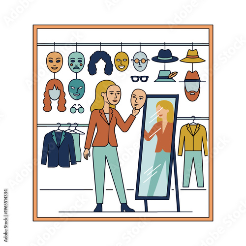 Woman tries on various costumes and masks in front of a mirror