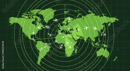 Global Air Traffic Control Radar Screen with World Map and Airplane Flight Paths