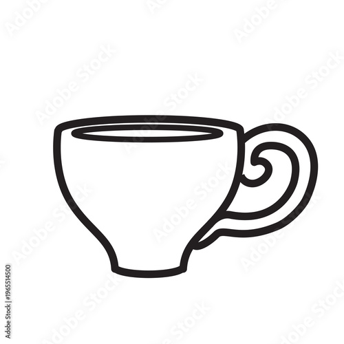 Vintage cup with ornate handle line art illustration on white background