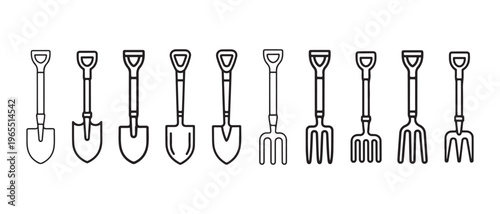 A collection of various gardening hand tools including different shovel and fork blade designs.