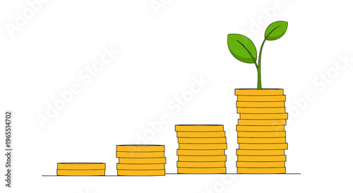 Growth of Investments Shown with Increasing Stacks of Gold Coins and a Green Plant