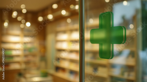 Green pharmacy cross symbol on glass entrance door, representing healthcare services, medical needs, and drug store access with blurred interior shelves, copy space