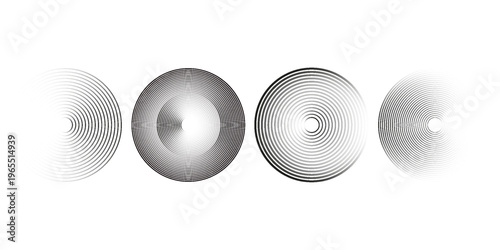 Black concentric circle set. Sonar or sound wave ring collection. Halftone and linear epicentre, target, radar icon concept. Ripple radial signal or vibration elements. Vector line and dotted symbols