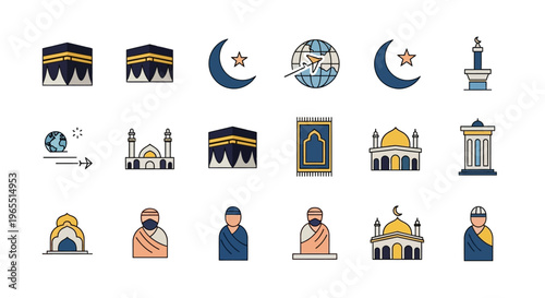 Hajj and Umrah Islamic Pilgrimage Icon Set for Mecca Travel and Religious Events