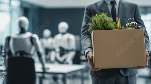 Businessman carrying a box of personal belongings, leaving an office being populated by humanoid robots, illustrating job displacement by ai and automation in the workplace, copy space