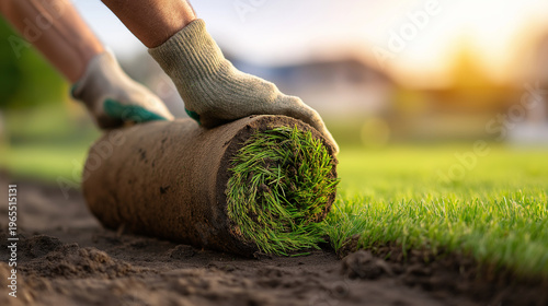 Hands of a landscaper working on a home gardening project, carefully laying down rolls of pre grown grass onto prepared earth to establish a vibrant, healthy lawn, copy space