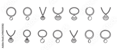 Collection of line icons featuring various necklaces and bracelets with seashell and pearl charms.