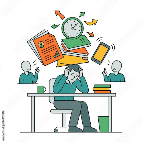 A stressed businessperson sits at a desk overwhelmed by paperwork, clock, phone, and coworkers' gestures.