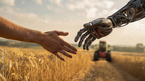 Human hand and robotic arm reaching out to each other in a golden wheat field. Symbolizing the integration of ai. Automation. And advanced technology in smart farming and agriculture, copy space