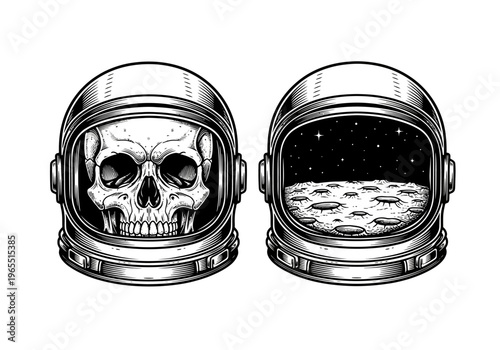 Astronaut Helmet Illustrations with Skull and Moon Landscape - Vintage Tattoo Style Space Art