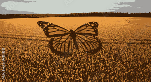 Monarch Butterfly Resting on Golden Wheat Field in Summer