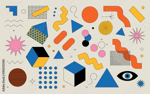 Colorful geometric shapes and icons set flat lay abstract background design vector illustration