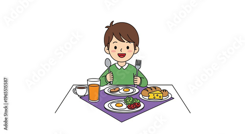 A young boy enjoys a colorful and healthy breakfast at the table