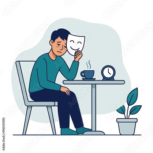 Man sitting at table holding comedy mask with clock and plant nearby