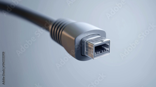 Grey data cable with a clear firewire connector displaying network communication, digital transfer, and internet browsing concepts against a light background