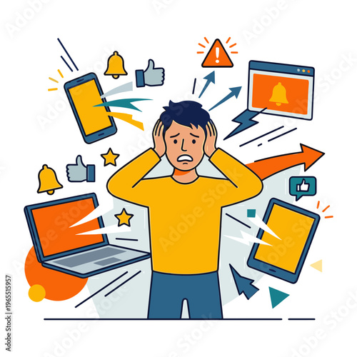 A stressed man covers his ears amidst a chaotic digital storm of devices and notifications.
