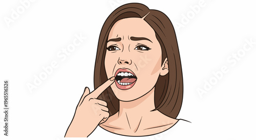 Person pointing at teeth with expression of concern