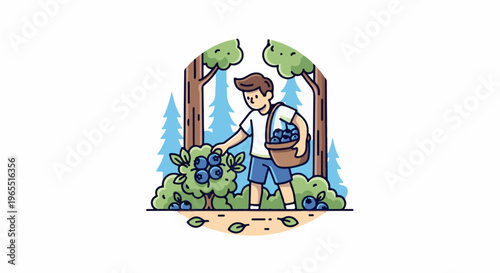 Person picking blueberries in a forest, surrounded by trees
