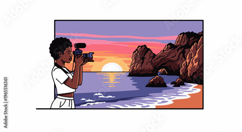 Person photographs a vibrant sunset over a rocky coastline