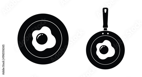 Black and white illustration of a frying pan and fried egg silhouette