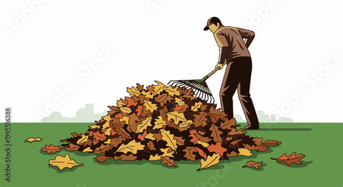 Person raking a large pile of colorful autumn leaves on a grassy lawn