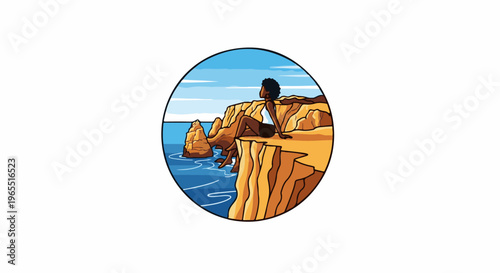 Person sitting on cliff overlooking ocean, pixel art