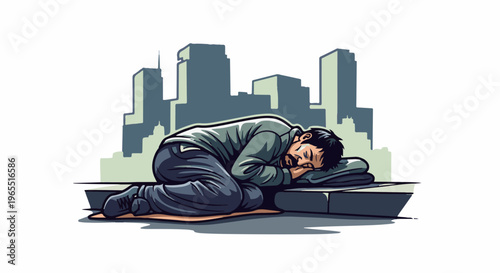 Person sleeping on sidewalk with city buildings in background